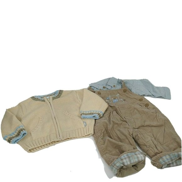 The Childrens Place Outfit Sweater Overalls Shirt Boys Size 3-6 Months Tan Brown